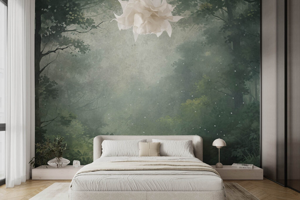 Foggy forest with trees and plants Foggy forest with trees and plants