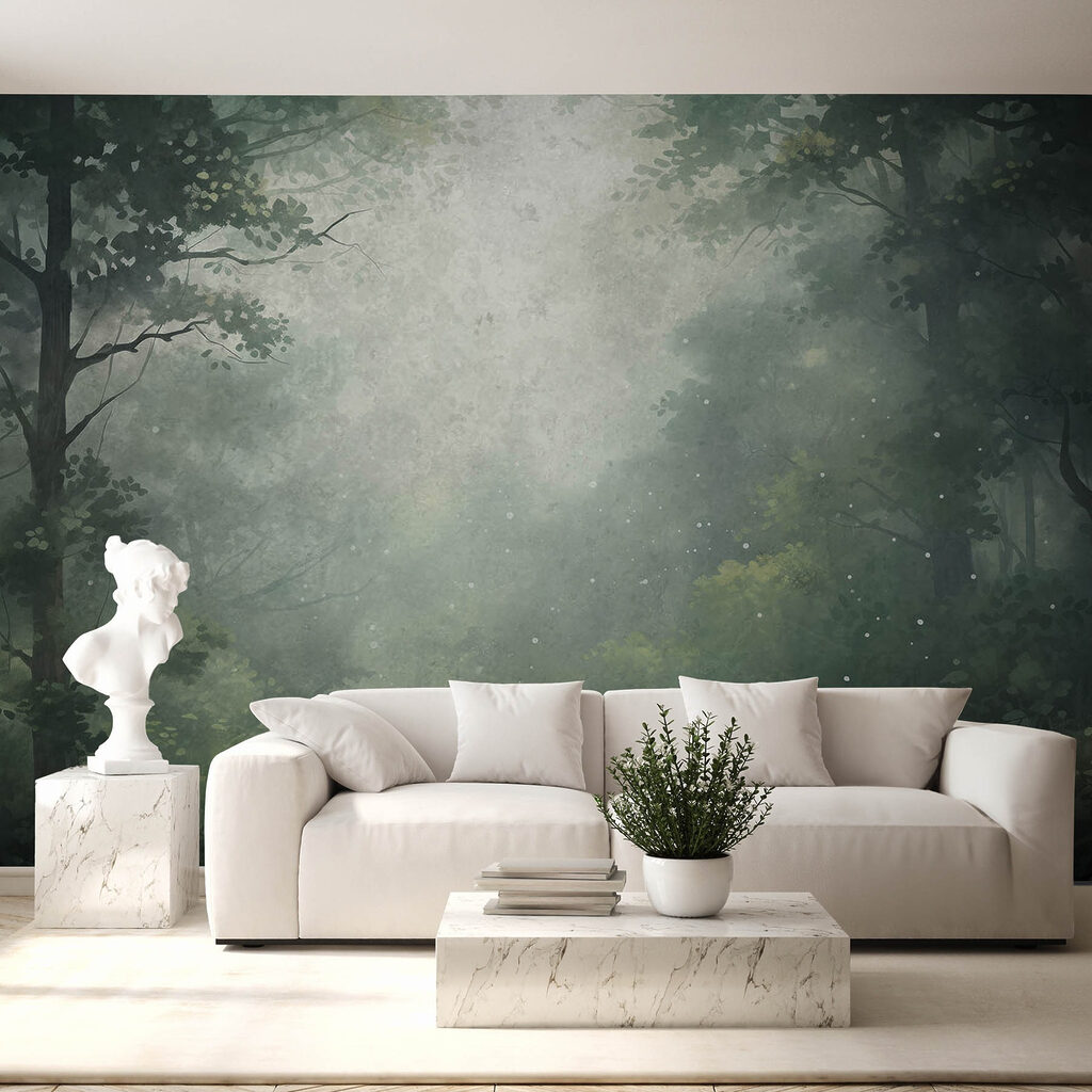 Foggy forest with trees and plants Foggy forest with trees and plants