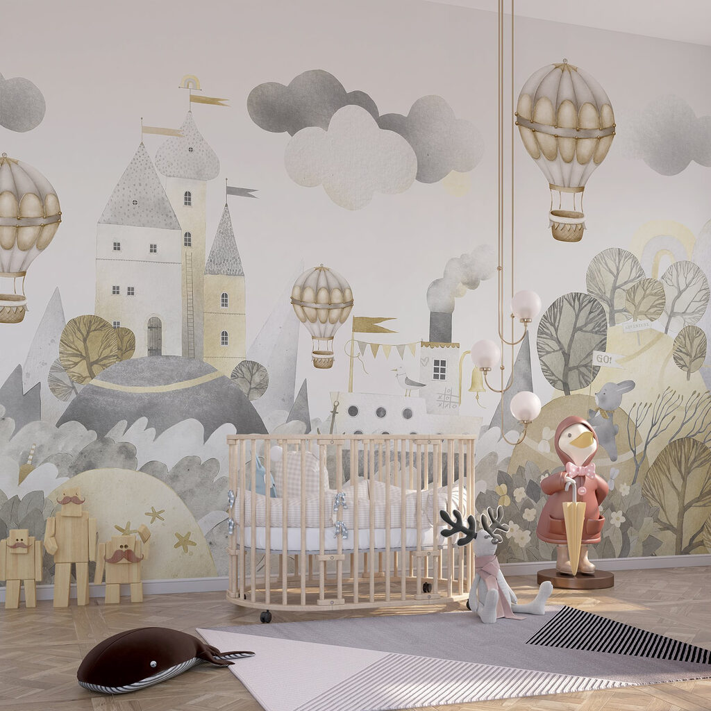 Watercolor painting of a castle and hot air balloons