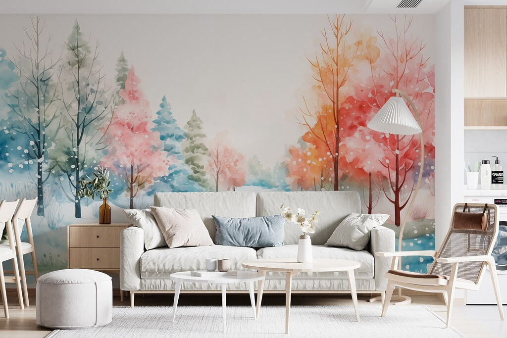 Watercolor painting of a snowy road with trees