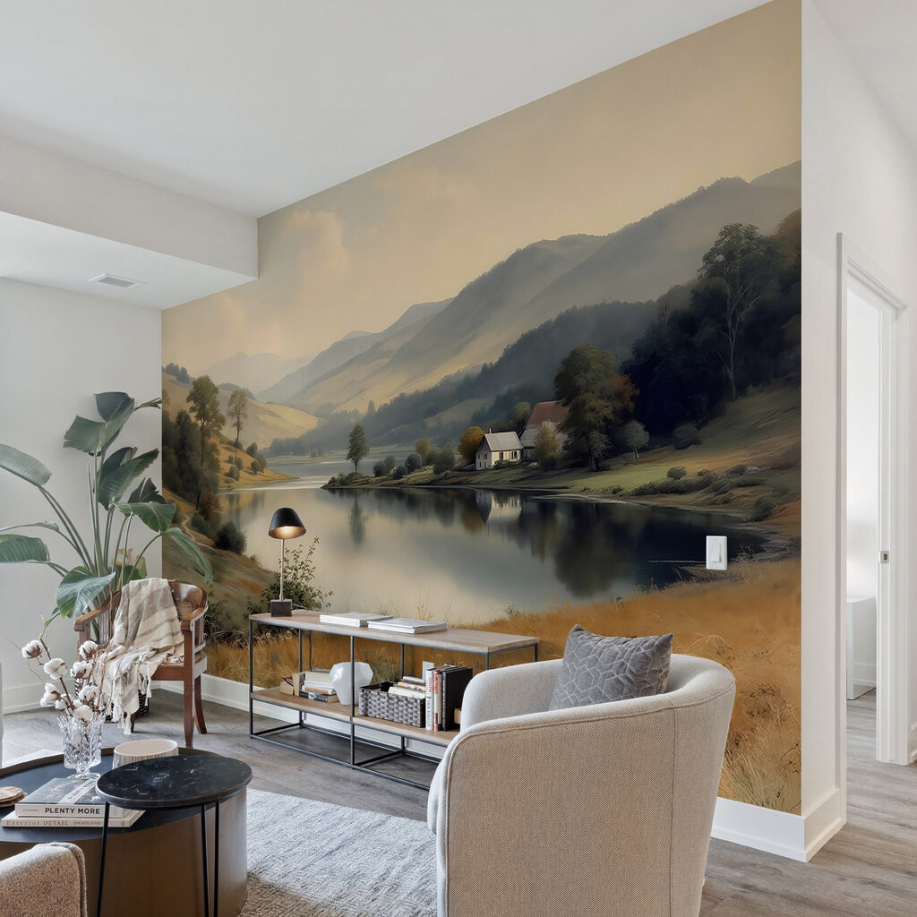 Lake with a house and trees