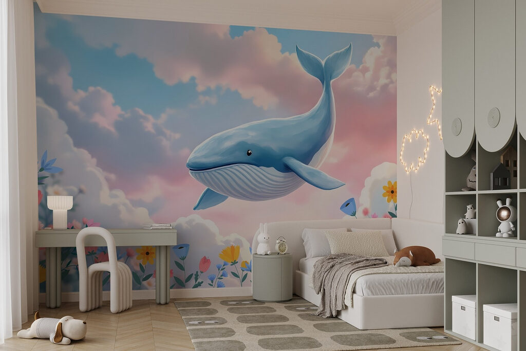 Whale flying over flowers