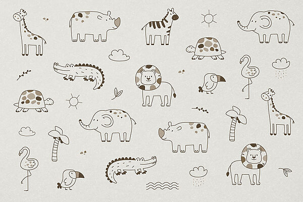 Group of animals drawn on a white surface Group of animals drawn on a white surface