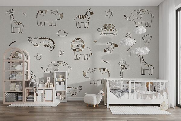 Group of animals drawn on a white surface Group of animals drawn on a white surface