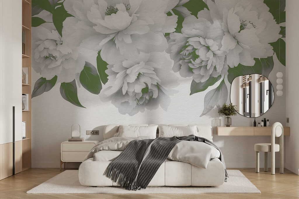 Group of white flowers with green leaves