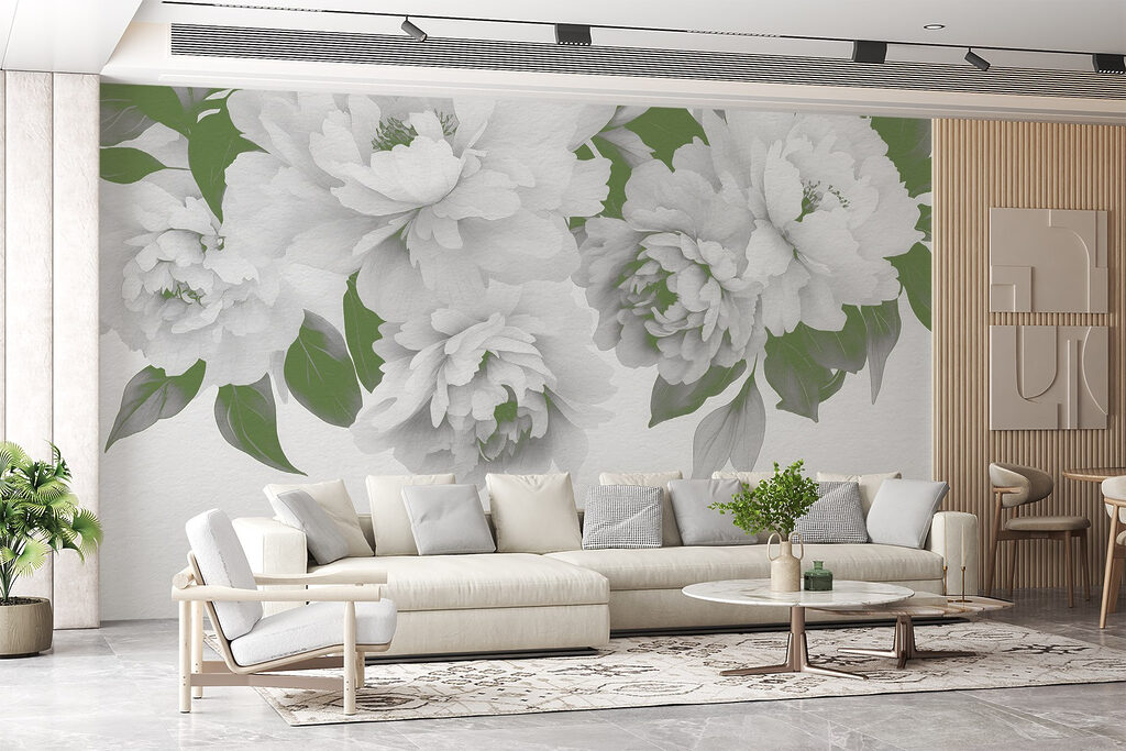 Group of white flowers with green leaves