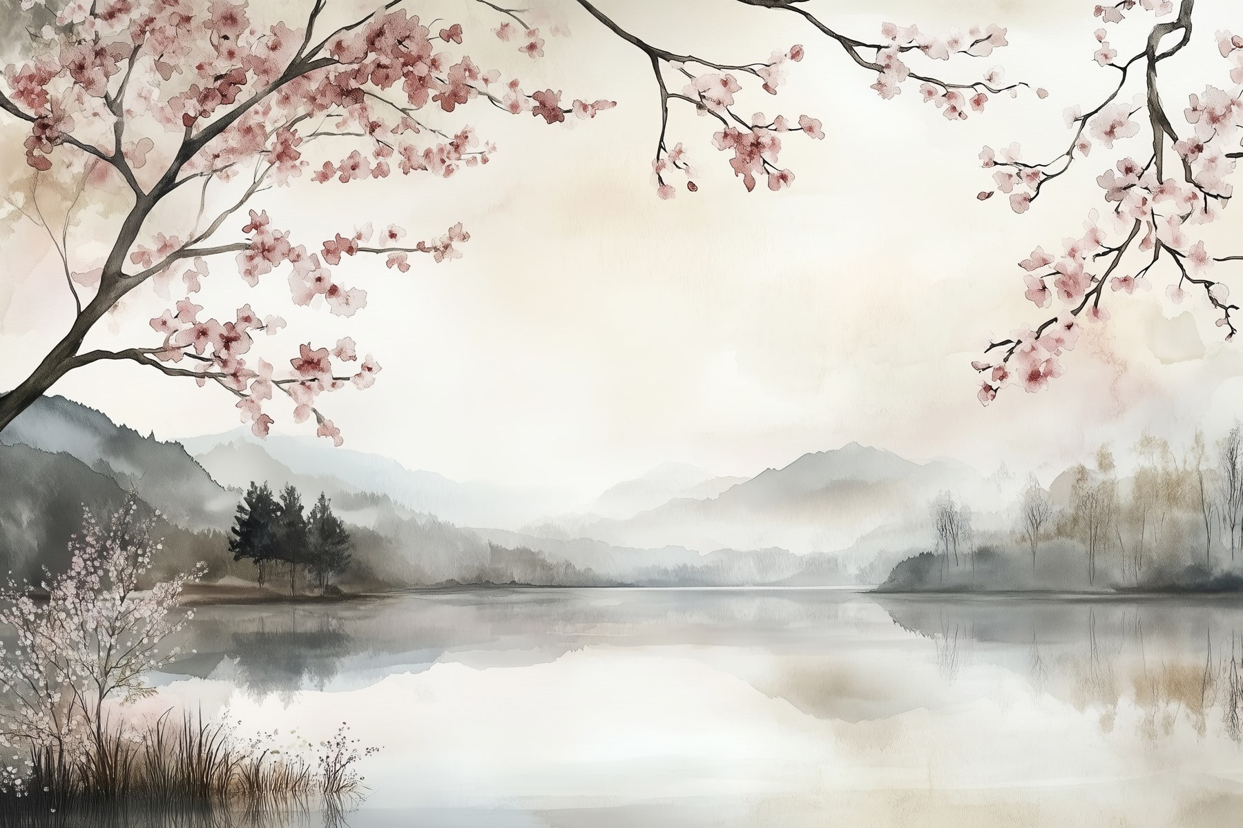 Watercolor painting of a lake with trees and mountains Watercolor painting of a lake with trees and mountains