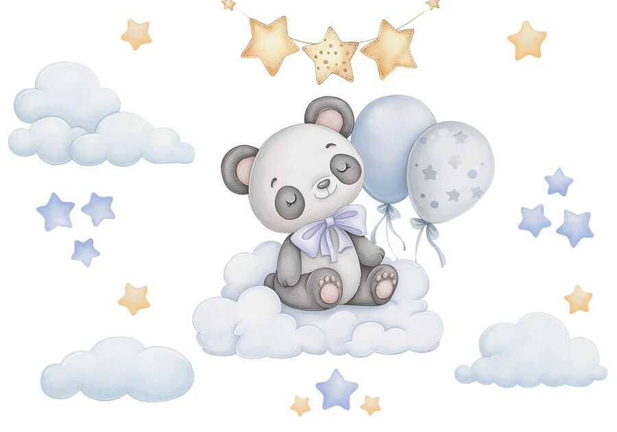Καρτούν panda κάθεται σε ένα σύννεφο με μπαλόνια
