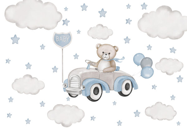 Teddy bear driving a car with balloons