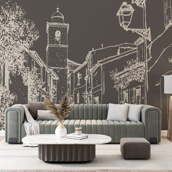 Drawing of a street with buildings and a bell tower