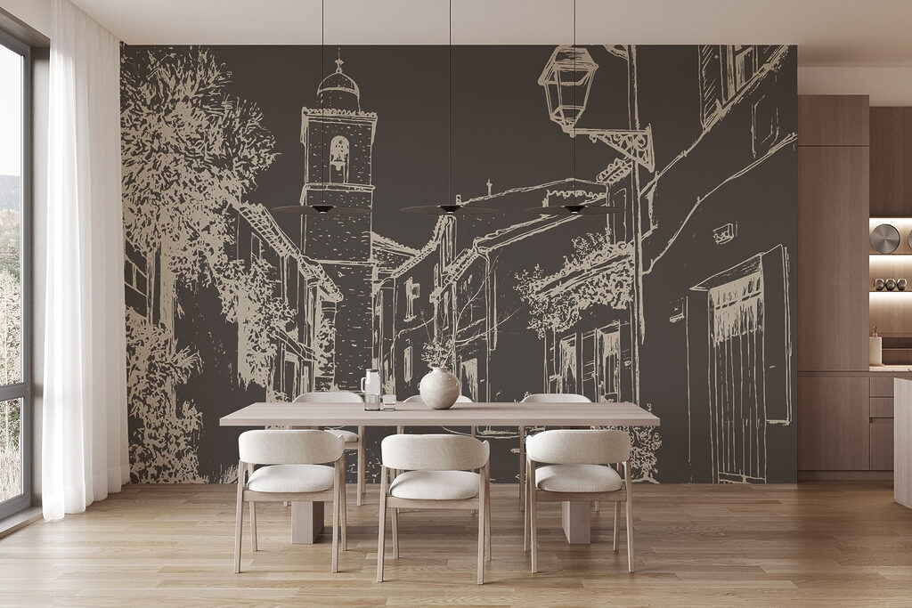 Drawing of a street with buildings and a bell tower