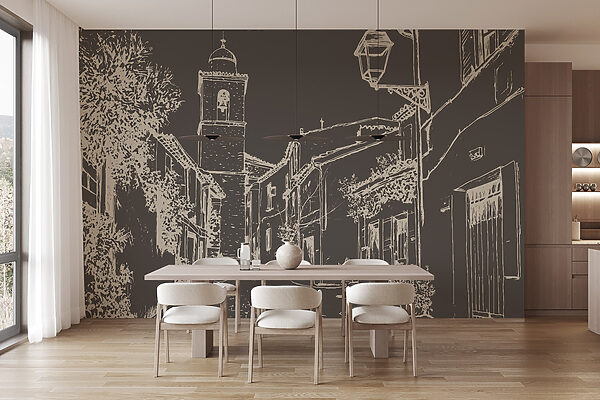 Drawing of a street with buildings and a bell tower