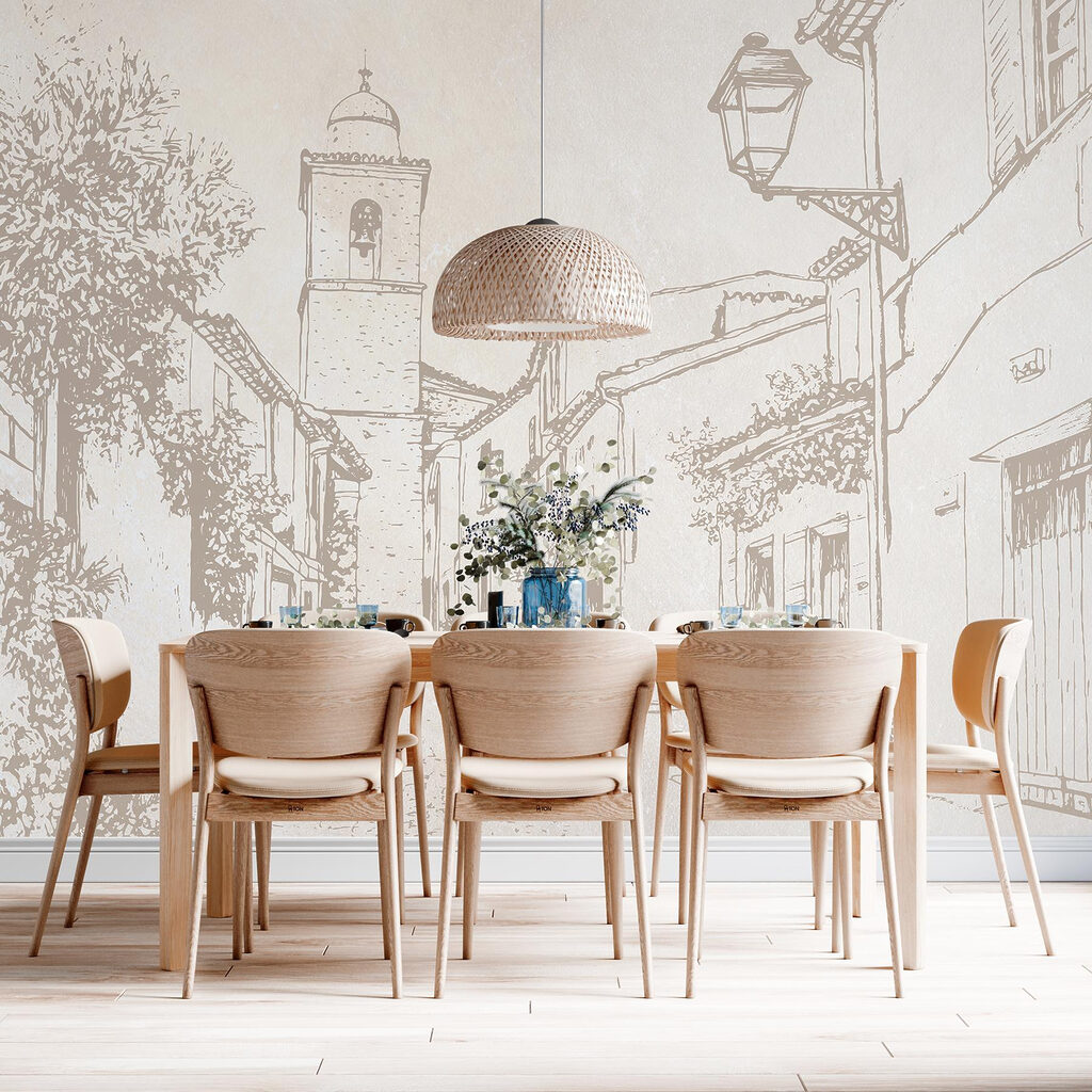 Drawing of a street with a bell tower