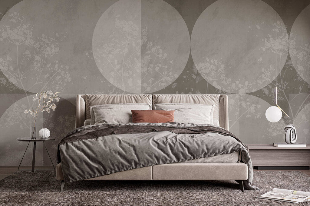 Grey and white wallpaper with white circles and flowers