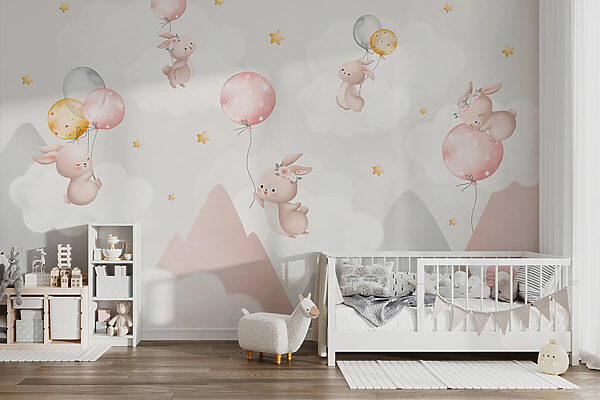 Group of bunnies holding balloons in the sky