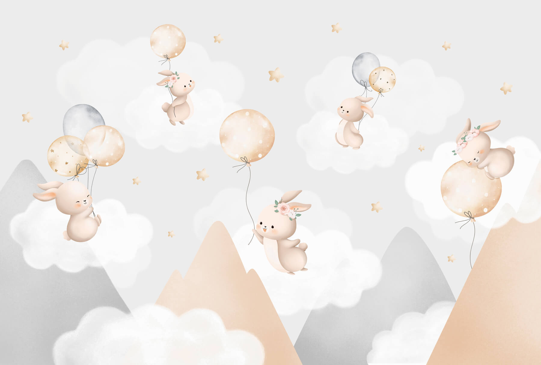 Group of bunnies flying with balloons in the sky
