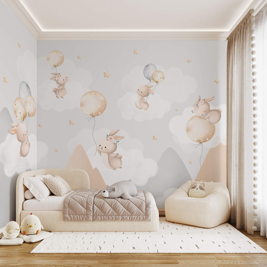 Group of bunnies flying with balloons in the sky