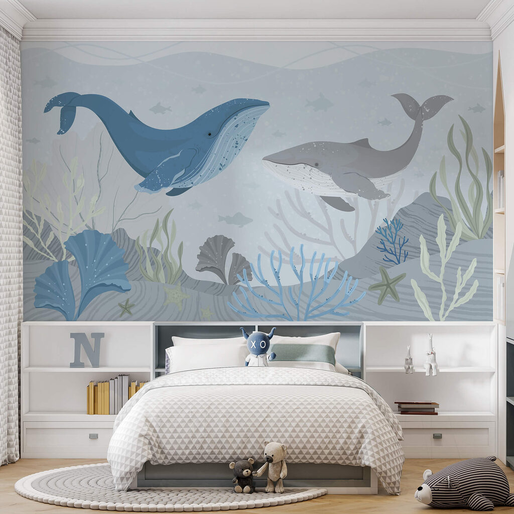 Whale and whale swimming in the ocean