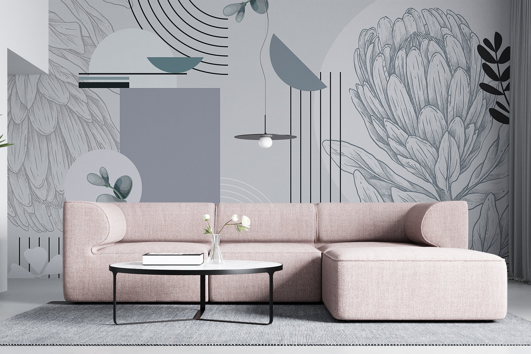 Wallpaper with a flower and leaves