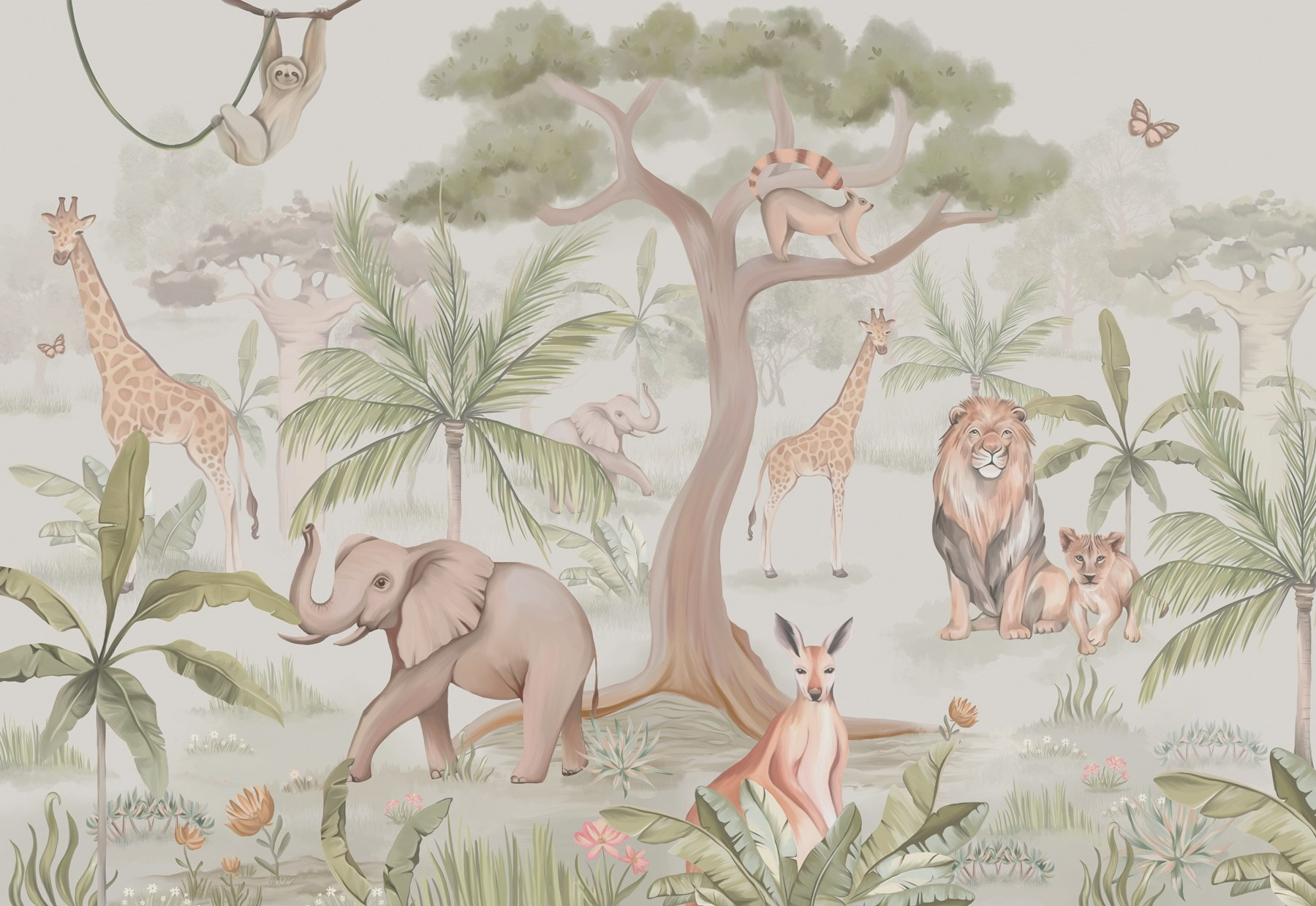 Wallpaper with animals and trees