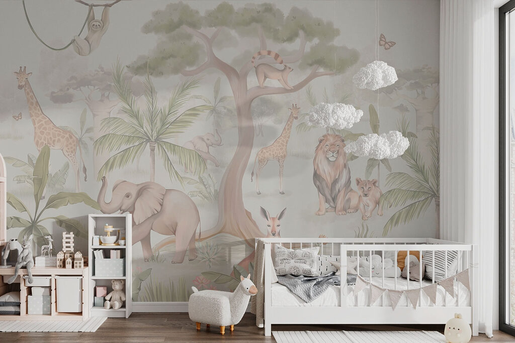 Wallpaper with animals and trees