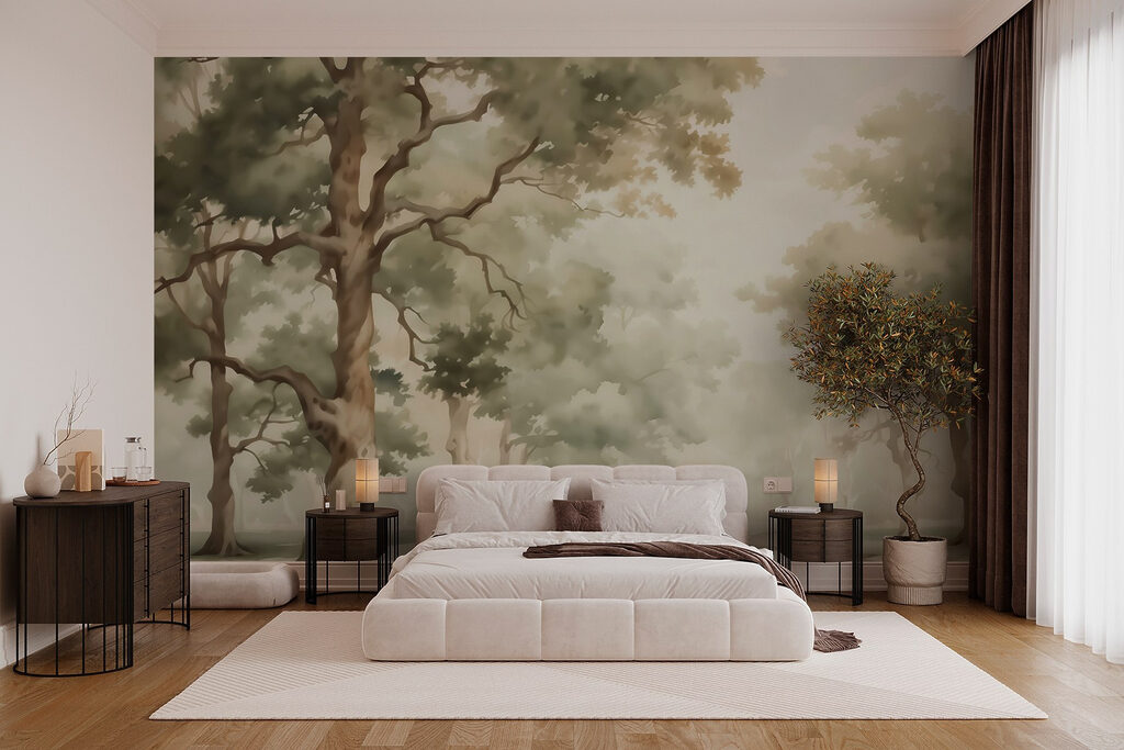 Watercolor painting of trees and a river