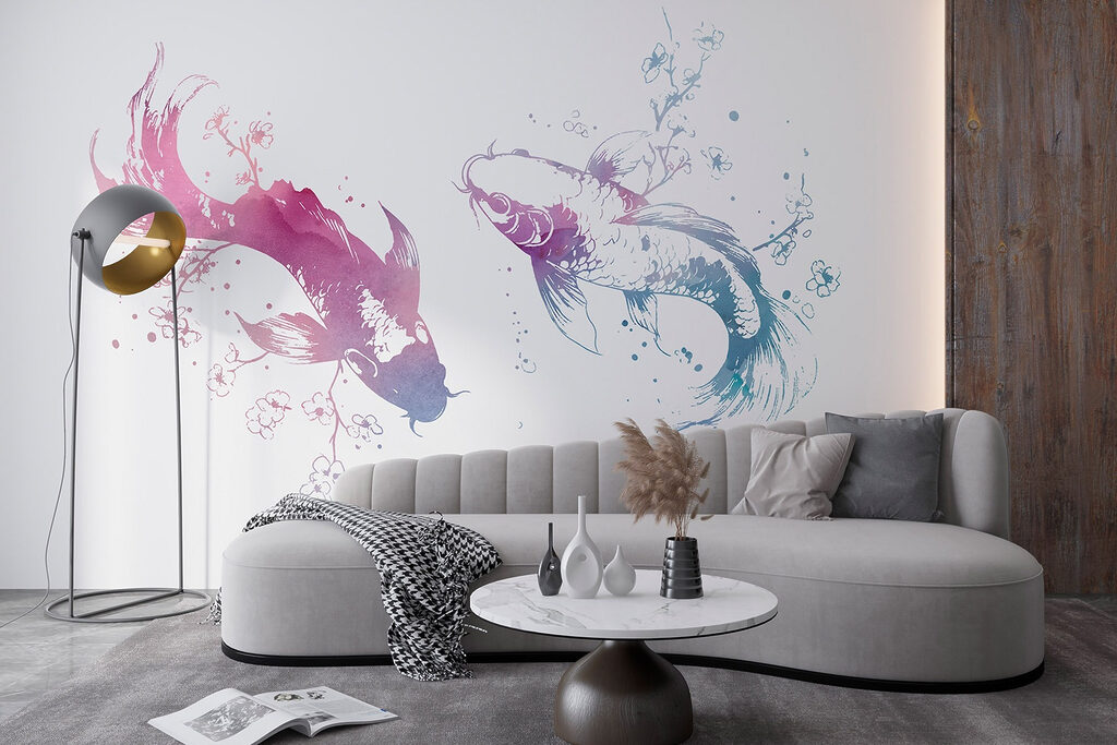 Two fish with watercolor splashes