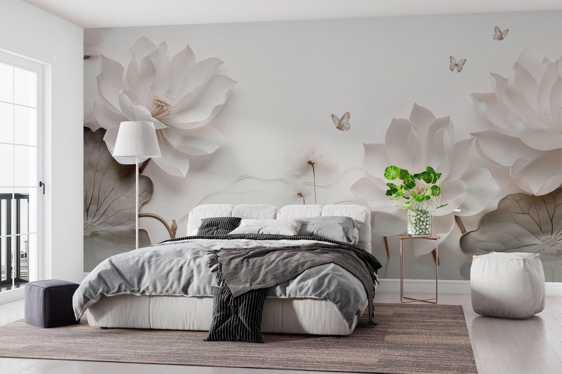 White paper flowers and butterflies on a white surface