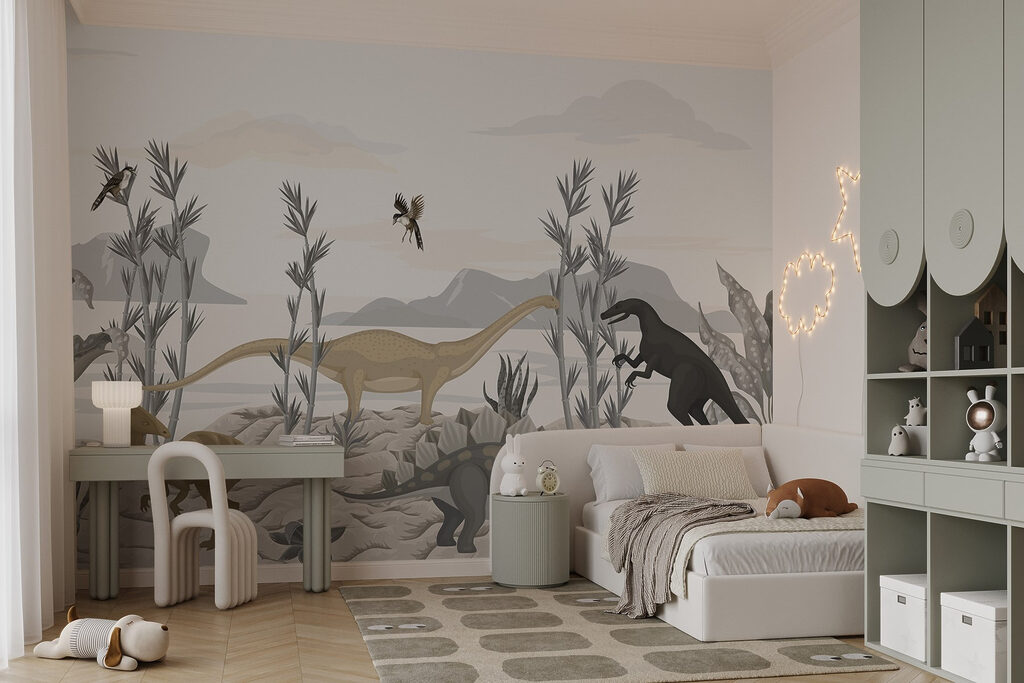 Group of dinosaurs in a desert