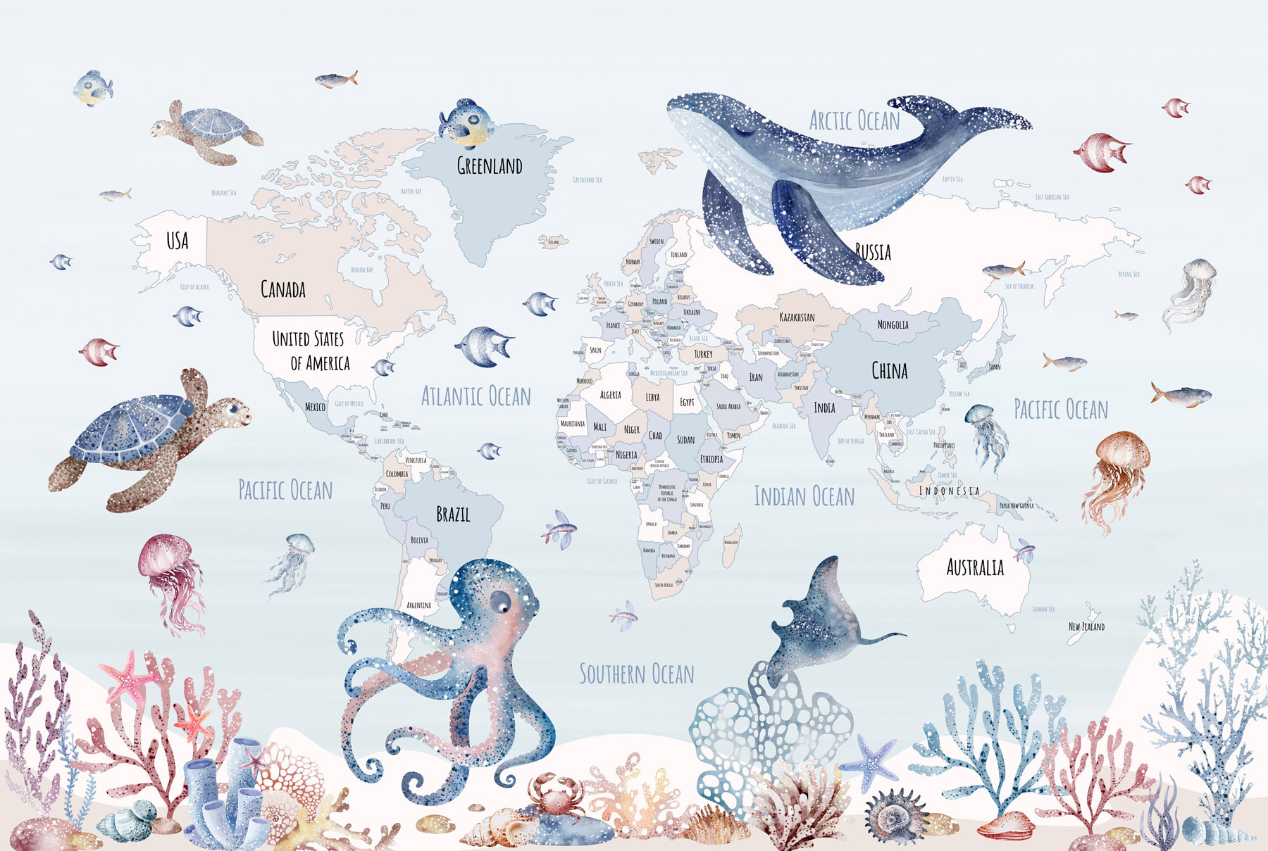 Map of the world with sea animals Map of the world with sea animals