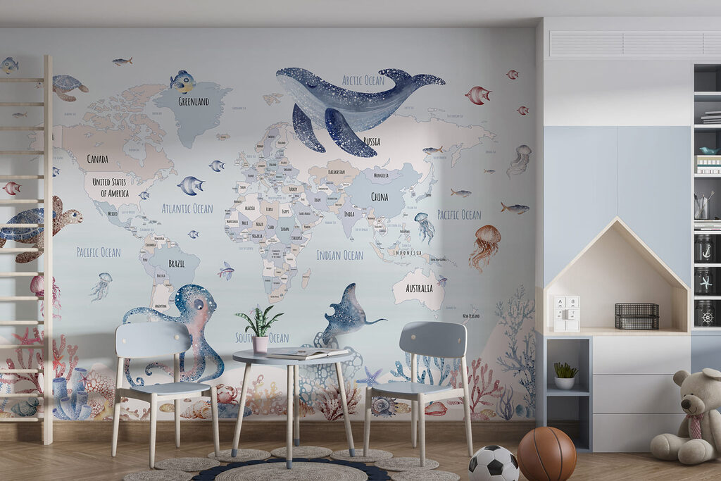 Map of the world with sea animals Map of the world with sea animals