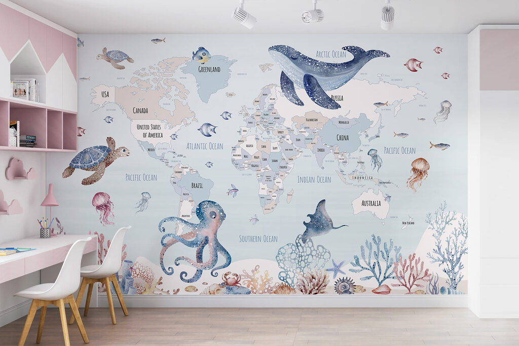 Map of the world with sea animals Map of the world with sea animals