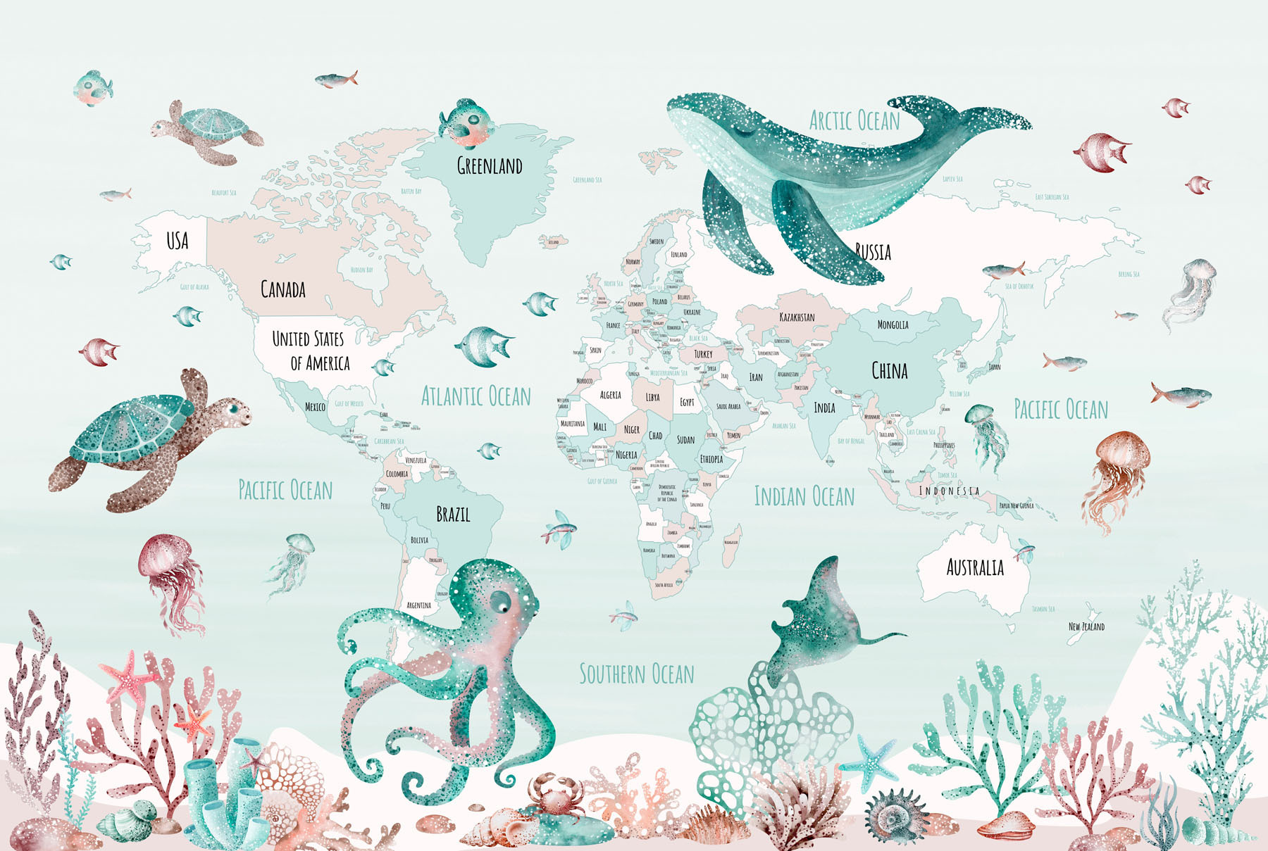 Map of the world with sea animals