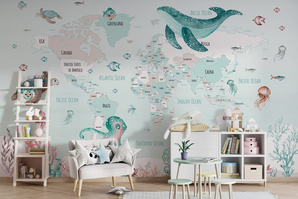 Map of the world with sea animals