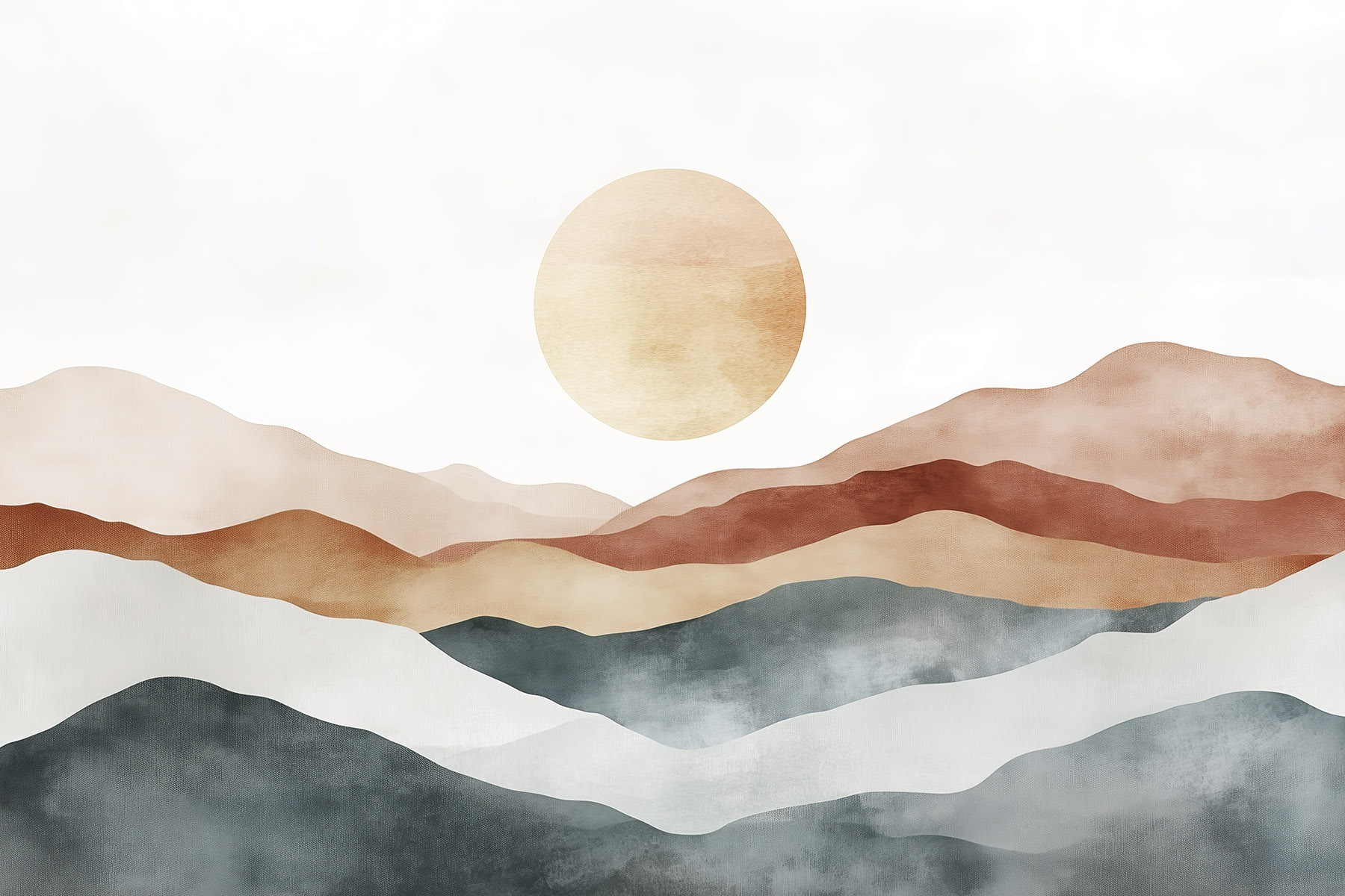 Painting of mountains and sun