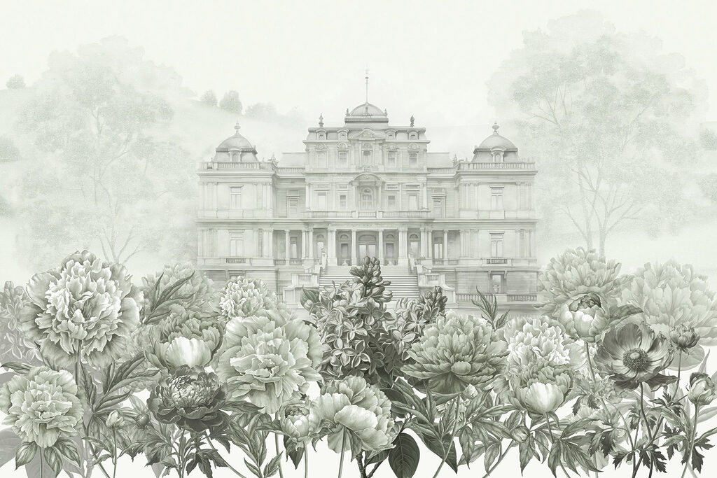 Large white building with flowers