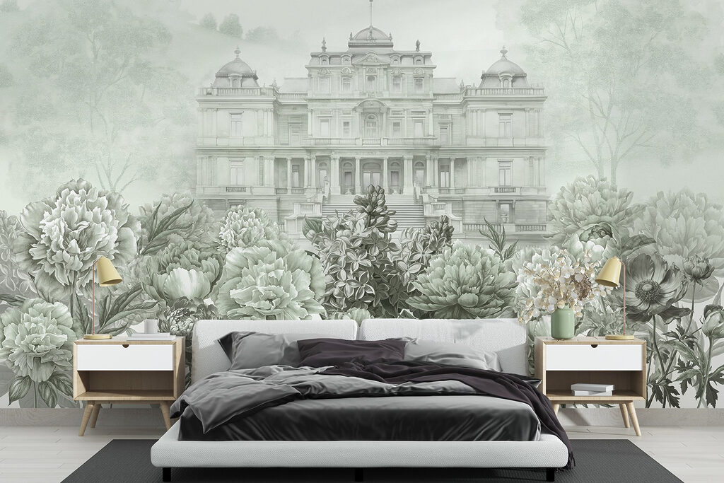 Large white building with flowers