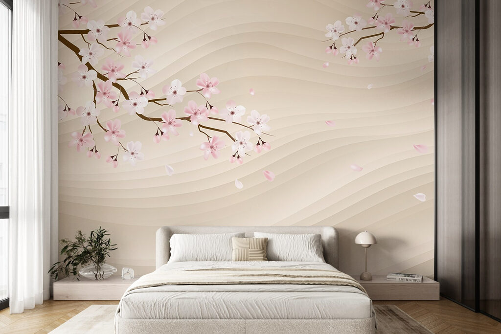 Tree branch with white and pink flowers