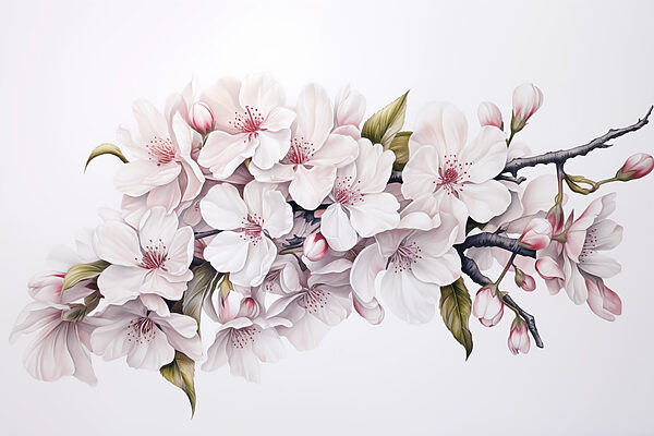 Painting of white flowers on a branch