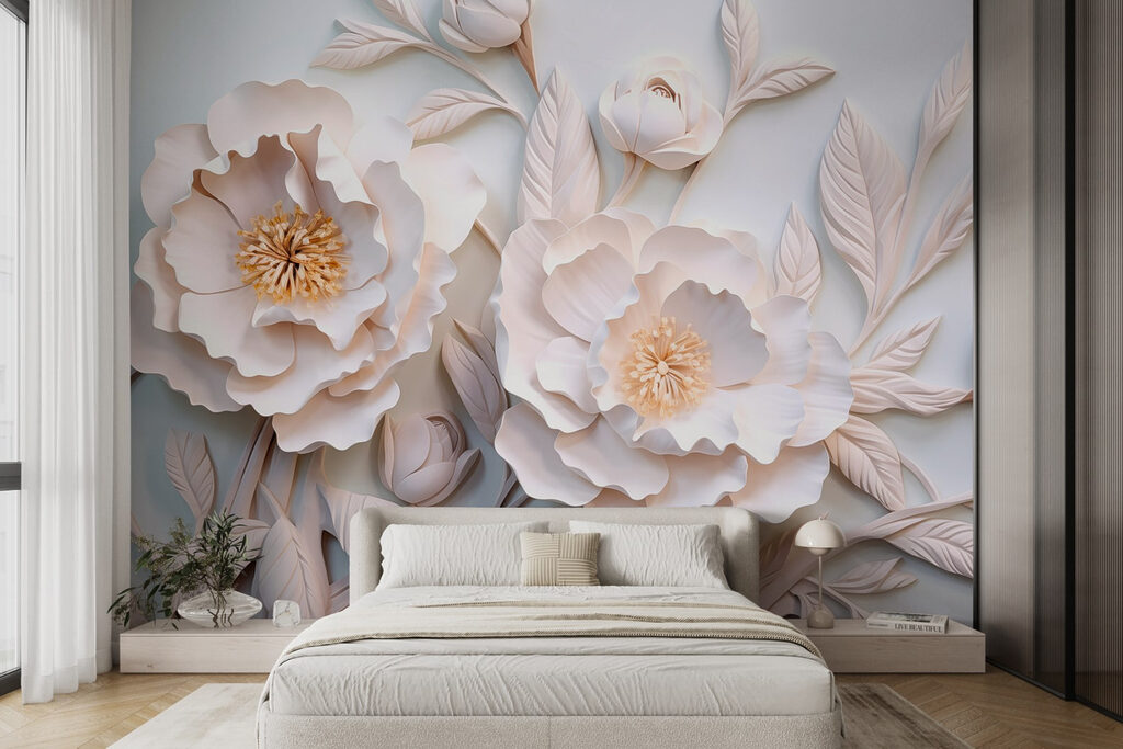 White flowers and leaves on a white surface