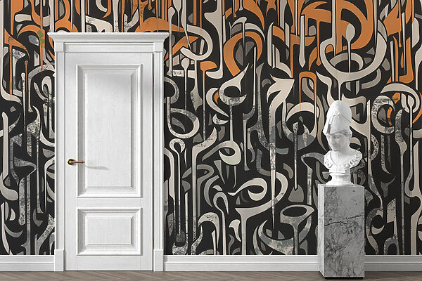 Black and white art with orange and white lines