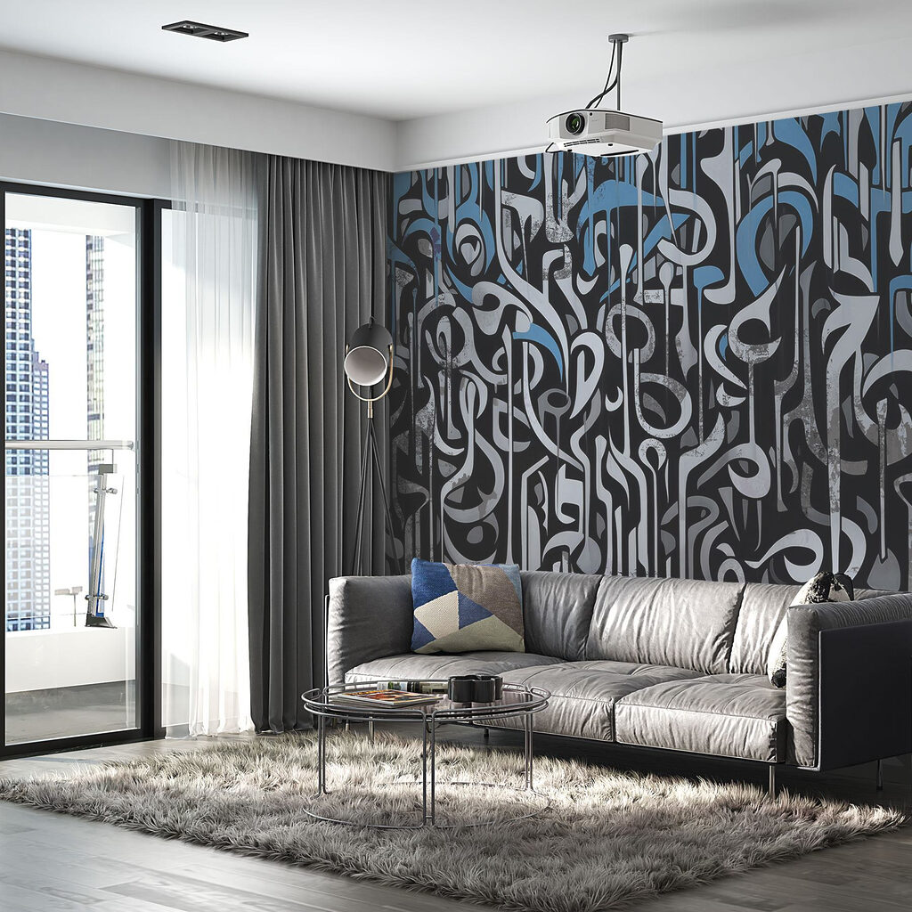 Black and white art with blue and white lines