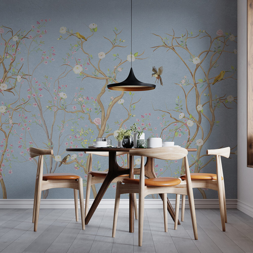 Mural of a tree with flowers and birds