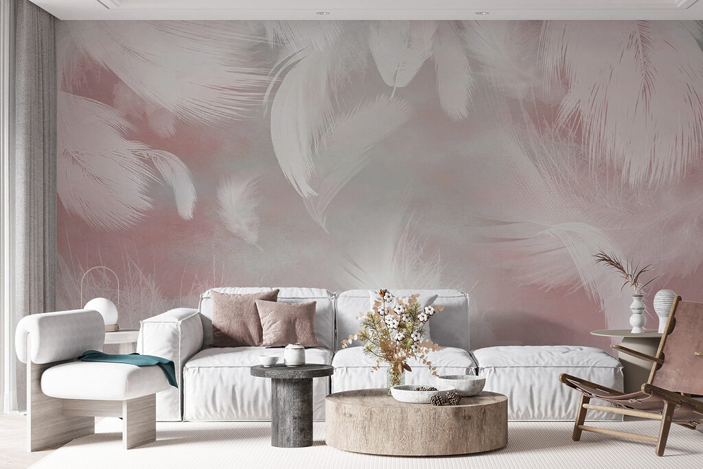 White feathers on a pink background