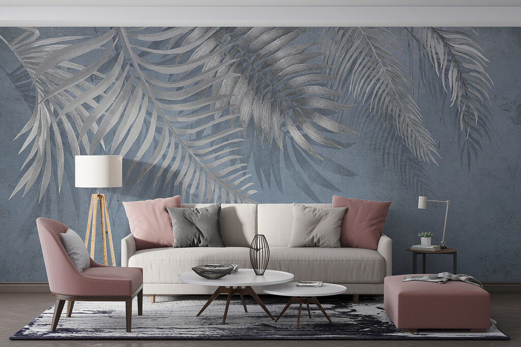 Blue background with silver leaves Blue background with silver leaves