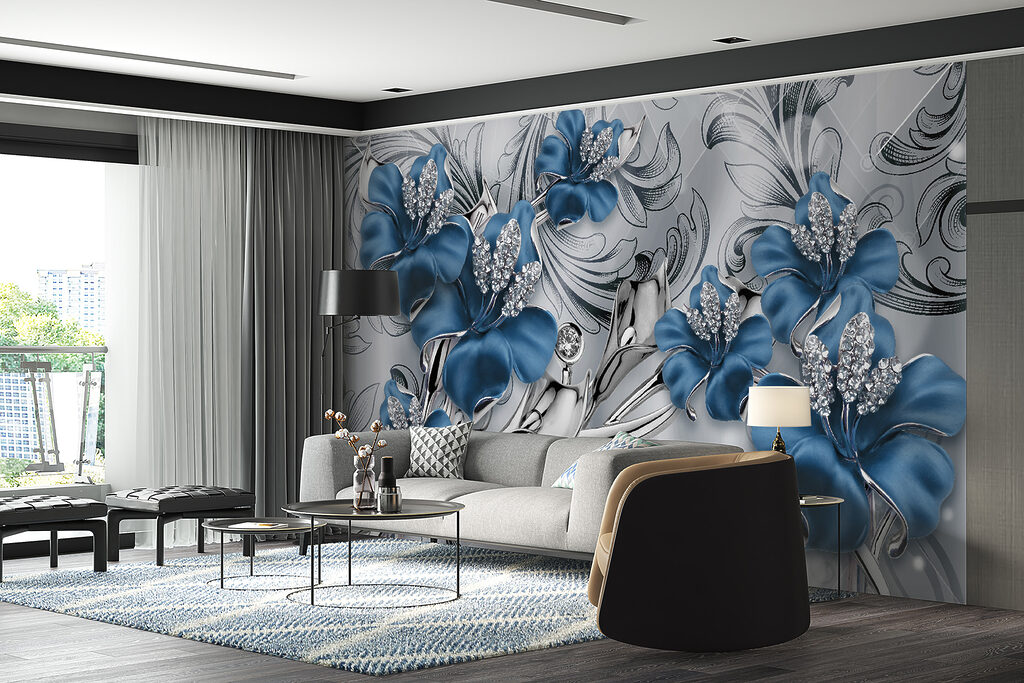 Silver and blue flowers on a silver and black background