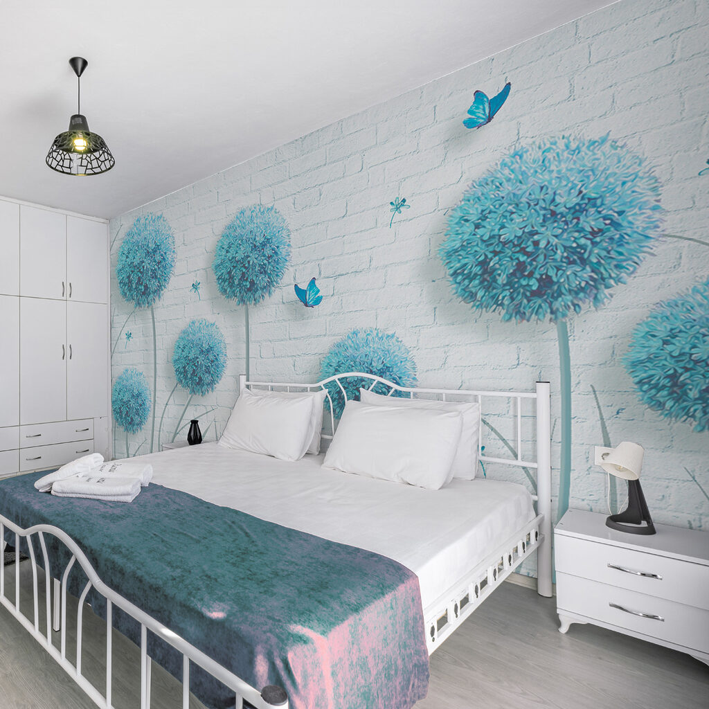 Wallpaper with blue flowers and butterflies Wallpaper with blue flowers and butterflies