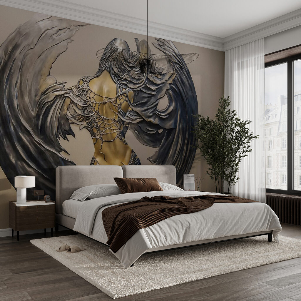 Metal sculpture of a woman with wings