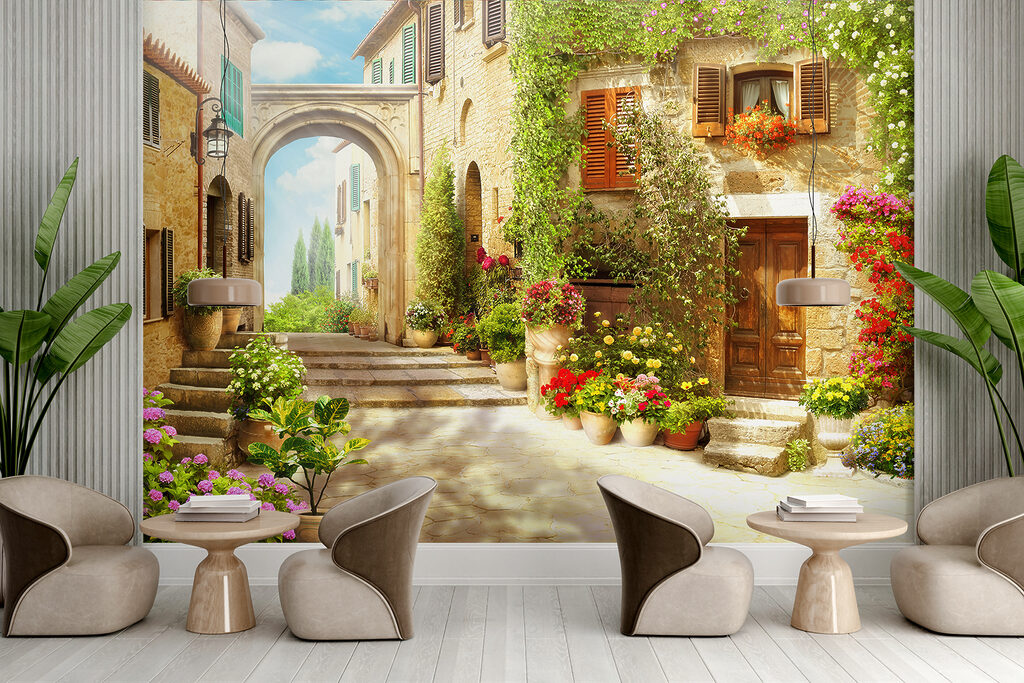 Stone building with a door and a doorway with plants in pots