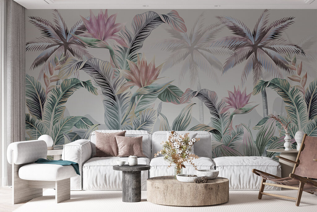 Wallpaper with palm trees and flowers